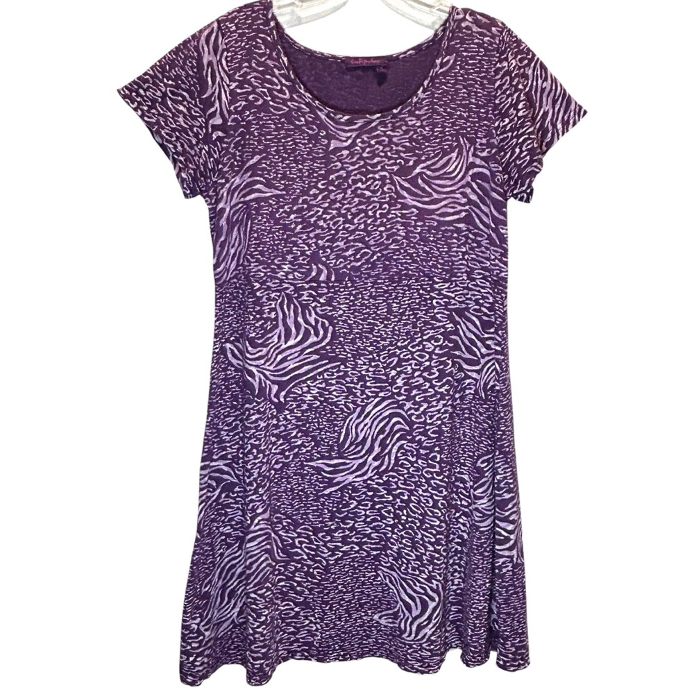 Fresh Produce Purple Batik Animal Print Cotton Short Sleeve Midi Dress - Medium